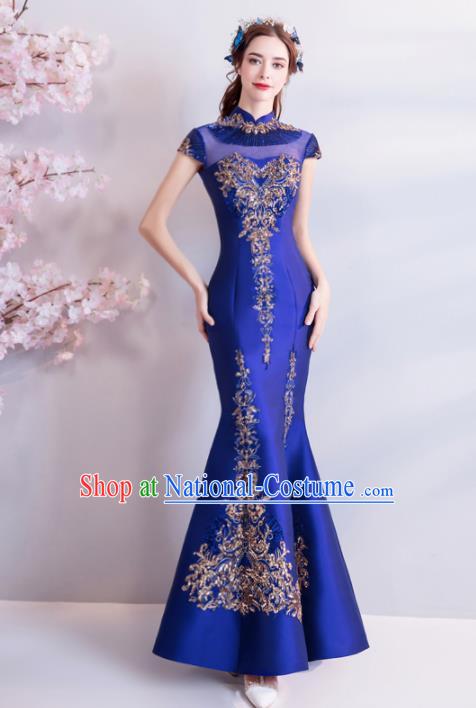 Chinese Traditional Royalblue Silk Cheongsam Wedding Bride Costume Compere Full Dress for Women