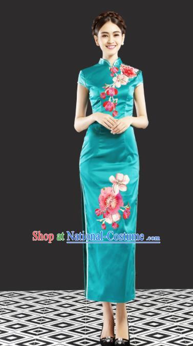 Chinese Traditional Chorus Green Cheongsam Wedding Bride Costume Compere Full Dress for Women