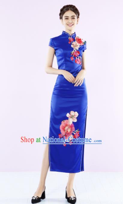 Chinese Traditional Chorus Royalblue Cheongsam Wedding Bride Costume Compere Full Dress for Women