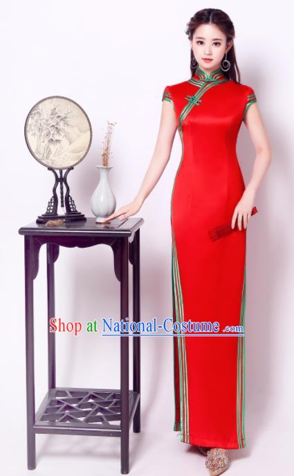 Chinese Traditional Chorus Red Cheongsam Wedding Bride Costume Compere Full Dress for Women