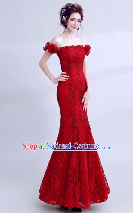 Top Grade Compere Red Lace Formal Dress Handmade Catwalks Angel Full Dress for Women