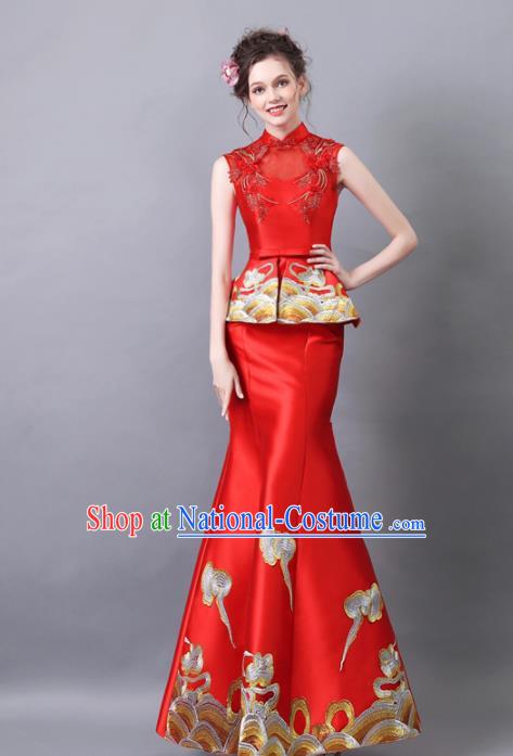 Chinese Traditional Chorus Cheongsam Wedding Bride Compere Red Satin Full Dress for Women