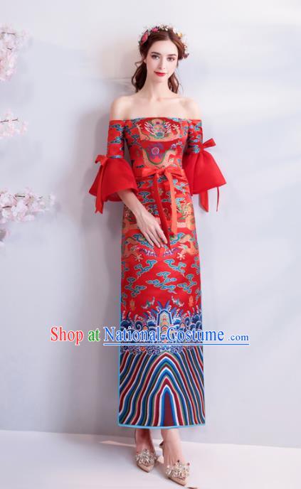 Chinese Traditional Chorus Dragons Cheongsam Wedding Bride Compere Red Full Dress for Women