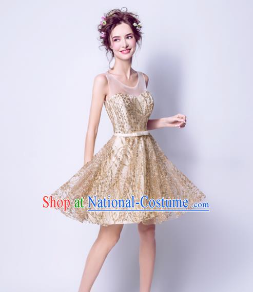 Top Grade Golden Short Evening Dress Compere Costume Handmade Catwalks Angel Full Dress for Women