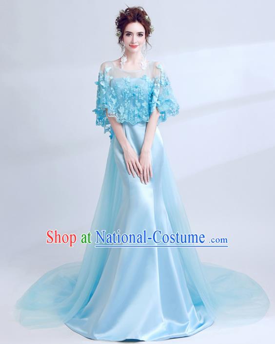 Top Grade Blue Evening Dress Compere Costume Handmade Catwalks Angel Full Dress for Women