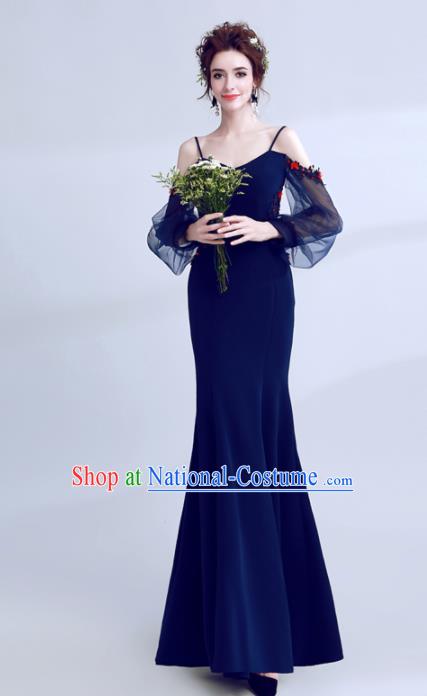 Top Grade Deep Blue Evening Dress Compere Costume Handmade Catwalks Angel Full Dress for Women