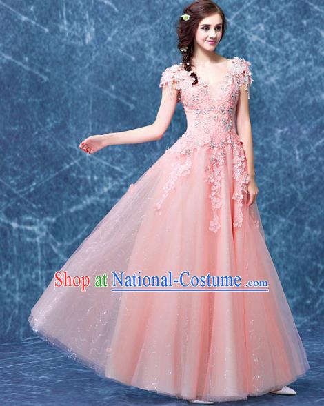 Top Grade Pink Veil Evening Dress Compere Costume Handmade Catwalks Angel Full Dress for Women