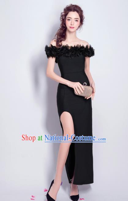 Top Grade Black Evening Dress Compere Costume Handmade Catwalks Angel Full Dress for Women