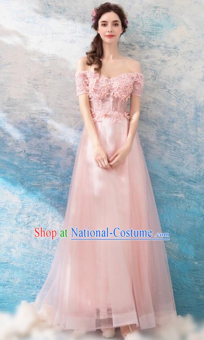 Top Grade Pink Flat Shouders Evening Dress Compere Costume Handmade Catwalks Angel Full Dress for Women