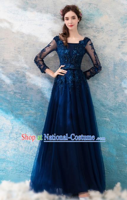 Top Grade Navy Evening Dress Compere Costume Handmade Catwalks Angel Full Dress for Women