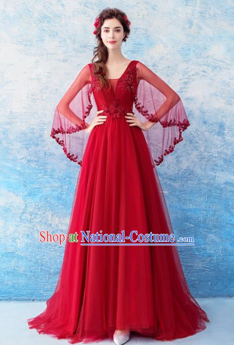 Top Grade Red Veil Evening Dress Compere Costume Handmade Catwalks Angel Full Dress for Women