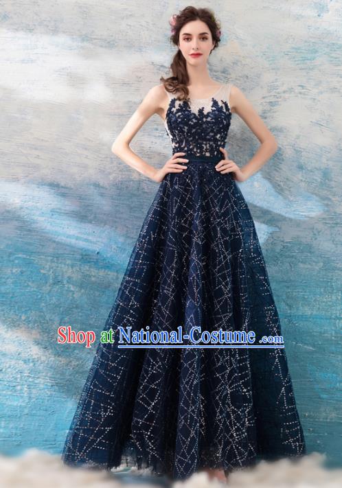 Top Grade Embroidered Navy Evening Dress Compere Costume Handmade Catwalks Angel Full Dress for Women