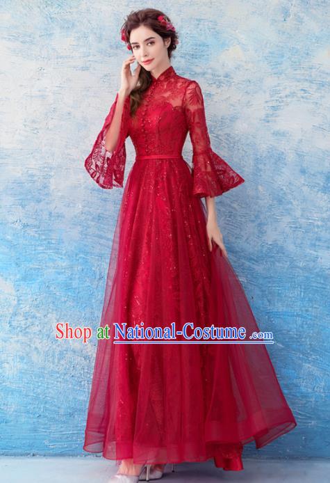 Top Grade Red Lace Evening Dress Compere Costume Handmade Catwalks Angel Full Dress for Women