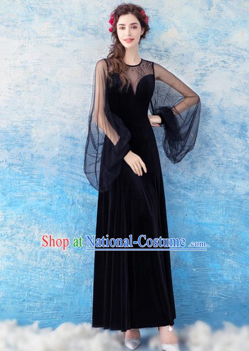 Top Grade Black Evening Dress Compere Costume Handmade Catwalks Angel Full Dress for Women