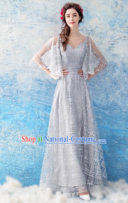 Top Grade Grey Evening Dress Compere Costume Handmade Catwalks Angel Full Dress for Women