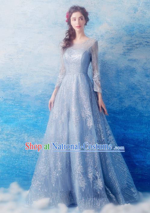 Top Grade Blue Evening Dress Compere Costume Handmade Catwalks Angel Full Dress for Women