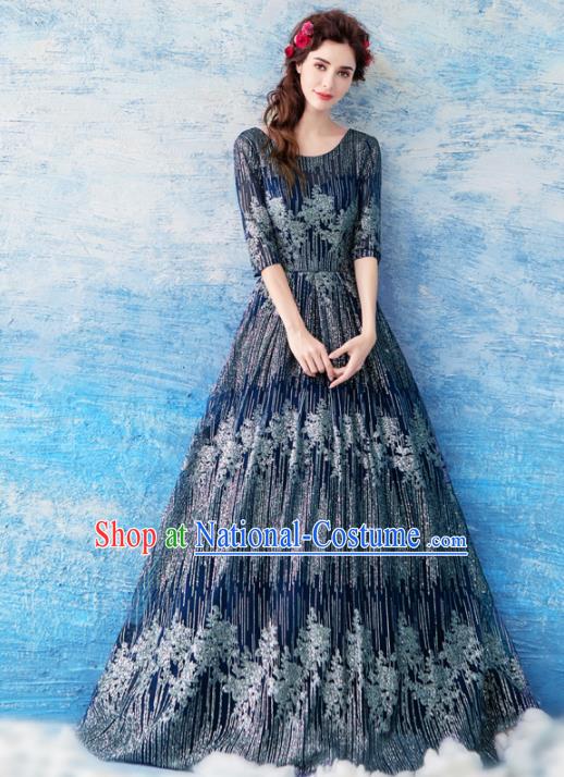 Top Grade Navy Diamante Evening Dress Compere Costume Handmade Catwalks Angel Full Dress for Women