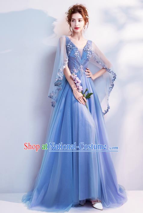 Handmade Blue Veil Evening Dress Compere Costume Catwalks Angel Full Dress for Women