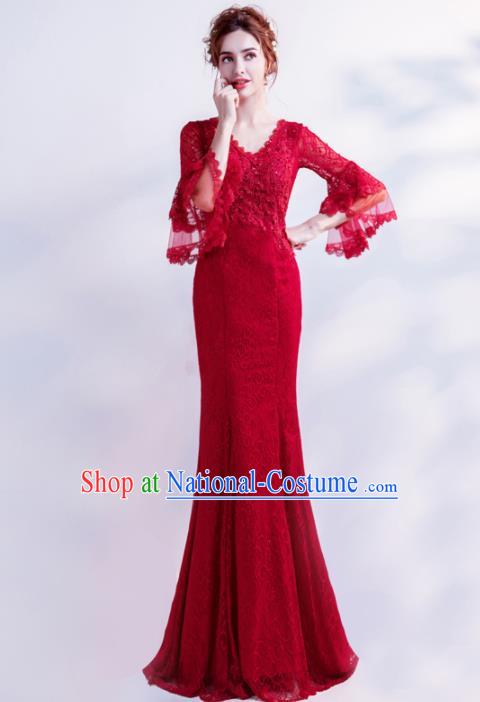 Handmade Red Lace Diamante Evening Dress Compere Costume Catwalks Angel Full Dress for Women