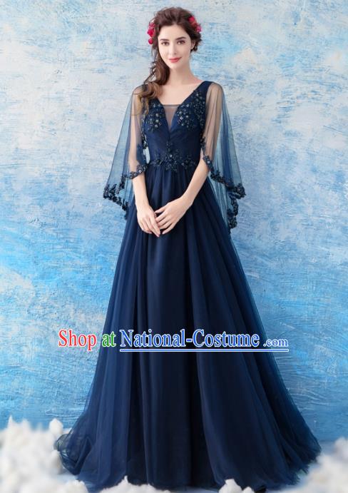 Top Grade Compere Navy Veil Formal Dress Handmade Catwalks Angel Full Dress for Women