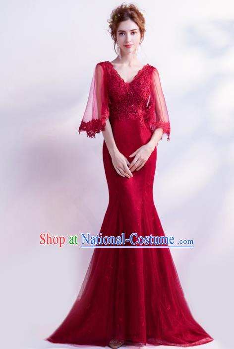 Handmade Wine Red Evening Dress Compere Costume Catwalks Angel Full Dress for Women