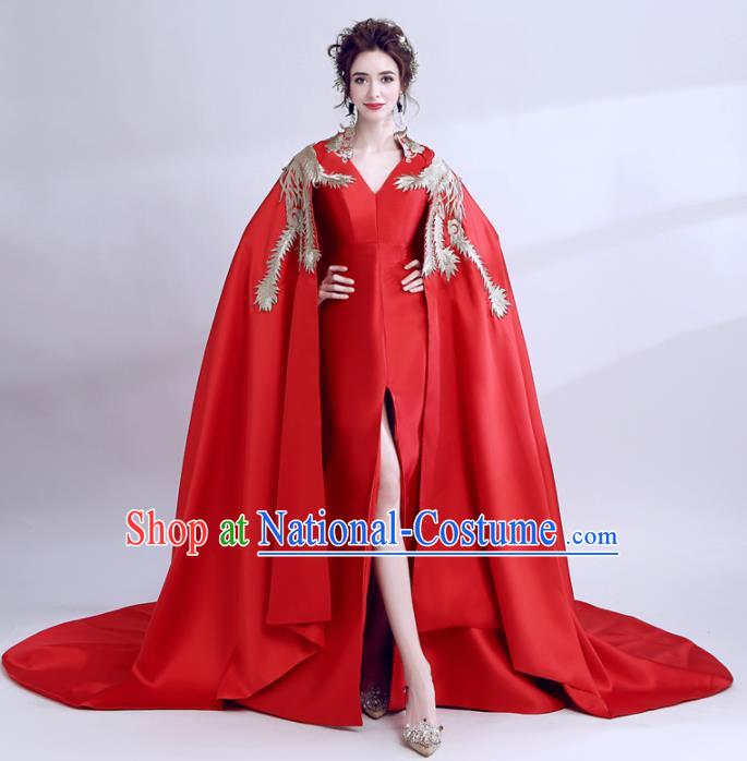 Handmade Red Cloak Evening Dress Compere Costume Catwalks Angel Full Dress for Women