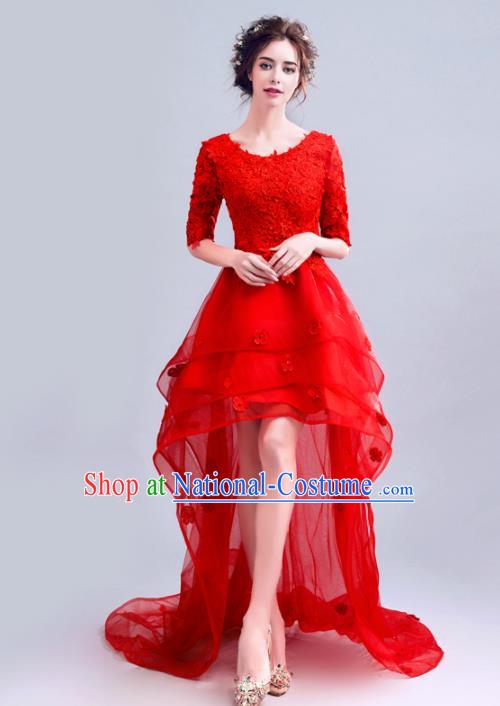 Handmade Red Veil Trailing Evening Dress Compere Costume Catwalks Angel Full Dress for Women