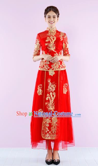 Ancient Chinese Traditional Wedding Costumes Bride Embroidered Red Dress Xiuhe Suits for Women