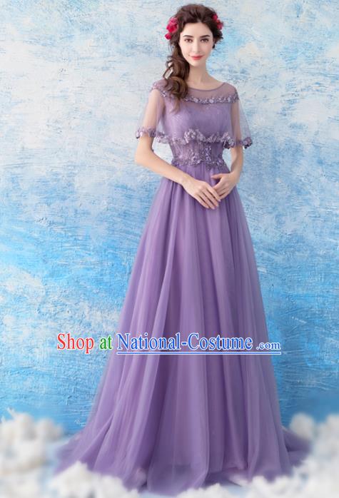 Top Grade Purple Veil Evening Dress Compere Costume Handmade Catwalks Angel Full Dress for Women