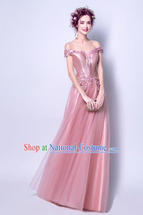 Top Grade Handmade Bridesmaid Formal Dress Compere Costume Catwalks Angel Pink Evening Dress for Women