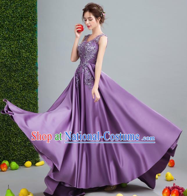 Top Grade Purple Veil Evening Dress Compere Costume Handmade Catwalks Angel Full Dress for Women