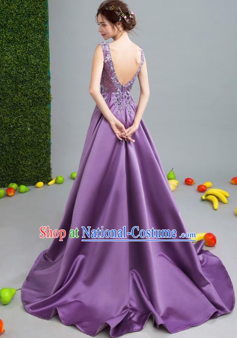 Top Grade Purple Veil Evening Dress Compere Costume Handmade Catwalks Angel Full Dress for Women