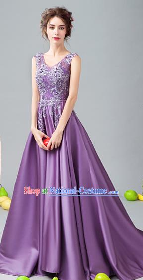 Top Grade Handmade Bridesmaid Purple Satin Formal Dress Compere Costume Catwalks Evening Dress for Women