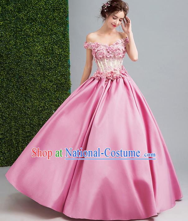 Handmade Bride Pink Silk Wedding Dress Princess Costume Flowers Fairy Fancy Wedding Gown for Women