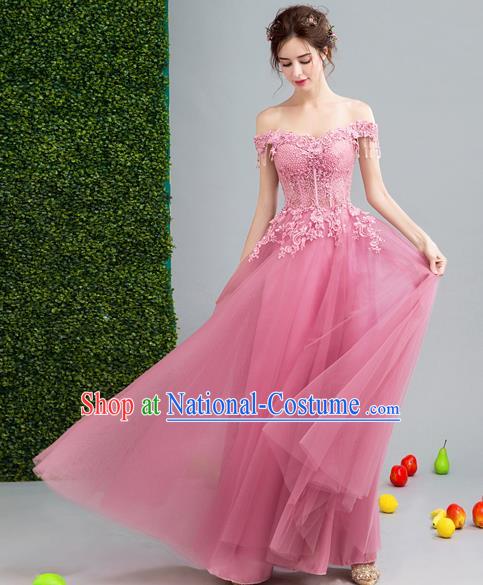 Top Grade Crystal Tassel Pink Formal Dress Compere Costume Catwalks Evening Dress for Women