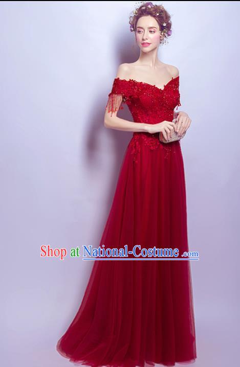 Top Grade Red Lace Tassel Formal Dress Compere Costume Catwalks Evening Dress for Women