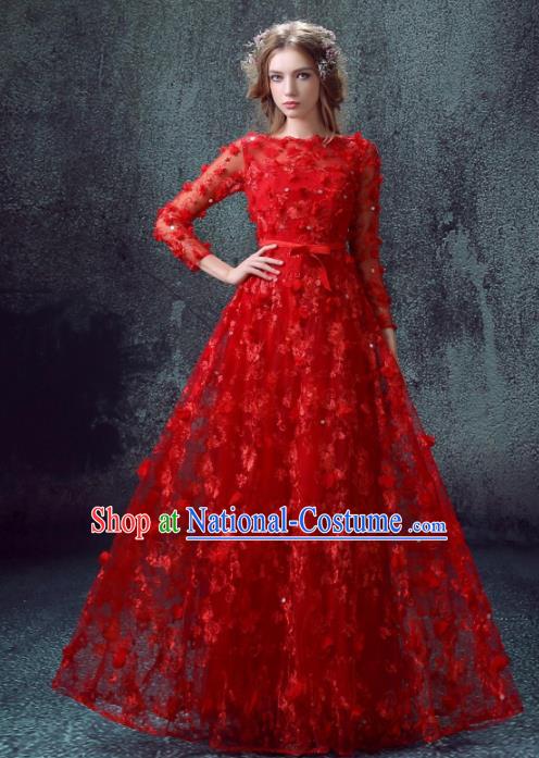 Handmade Bride Red Lace Wedding Dress Princess Costume Flowers Fairy Fancy Wedding Gown for Women