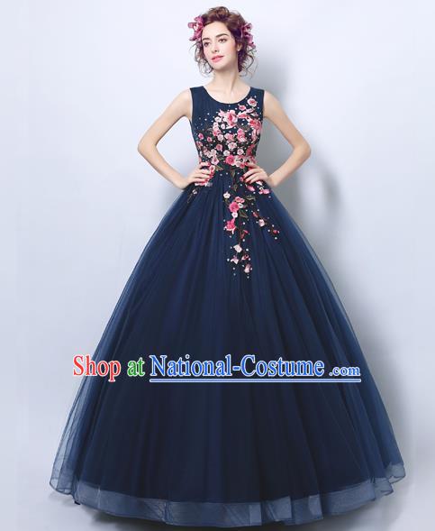 Handmade Bride Navy Veil Wedding Dress Princess Costume Flowers Fairy Fancy Wedding Gown for Women