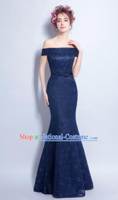 Top Grade Compere Navy Formal Dress Catwalks Evening Dress for Women