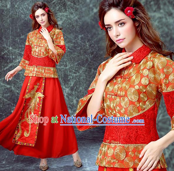 Ancient Chinese Wedding Embroidered Costumes Traditional Bride Red Xiuhe Suits for Women