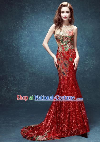 Top Grade Compere Red Mullet Formal Dress Catwalks Evening Dress for Women