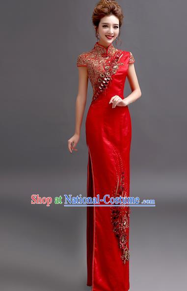 Chinese Traditional Full Dress Wedding Bride Red Cheongsam for Women