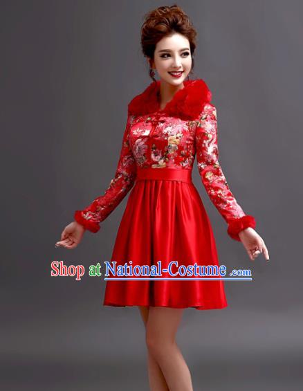 Chinese Traditional Wedding Full Dress Bride Red Tang Suit Cheongsam for Women