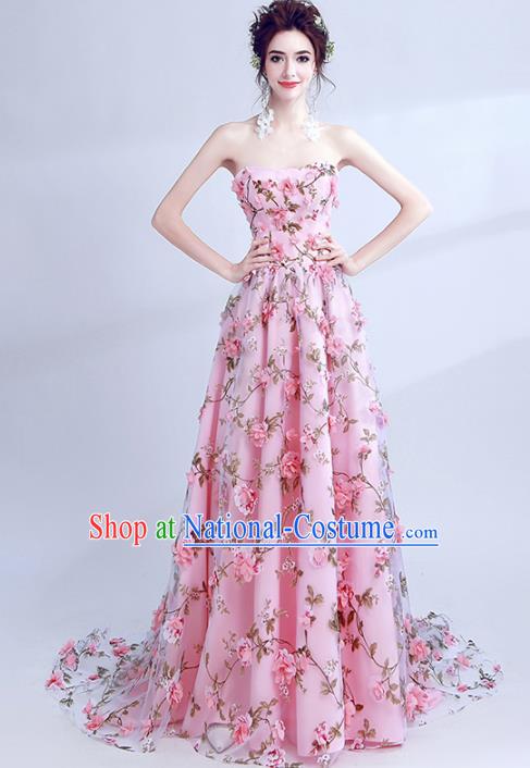 Handmade Pink Flowers Evening Dress Compere Costume Catwalks Angel Full Dress for Women