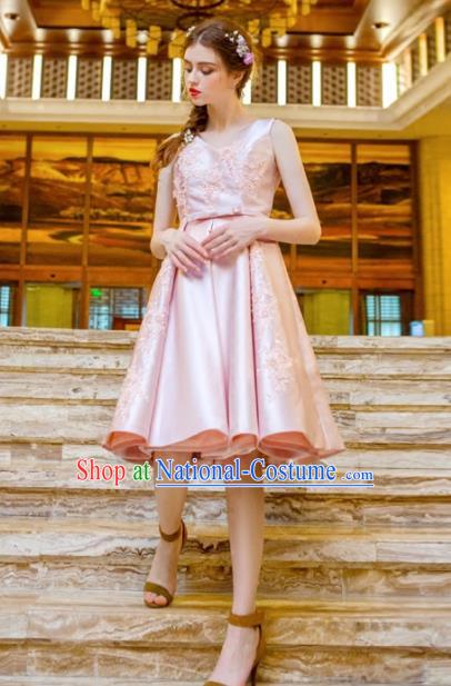 Handmade Pink Satin Short Evening Dress Compere Costume Catwalks Angel Full Dress for Women