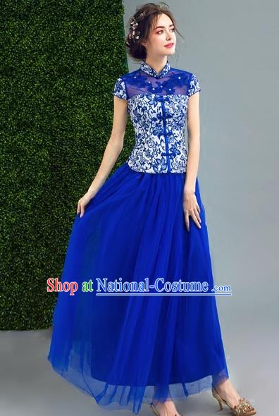 Chinese Traditional Blue Veil Cheongsam Wedding Bride Compere Chorus Full Dress for Women