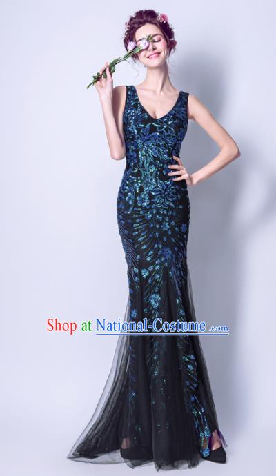 Top Grade Handmade Black Veil Formal Dress Compere Costume Catwalks Angel Evening Dress for Women