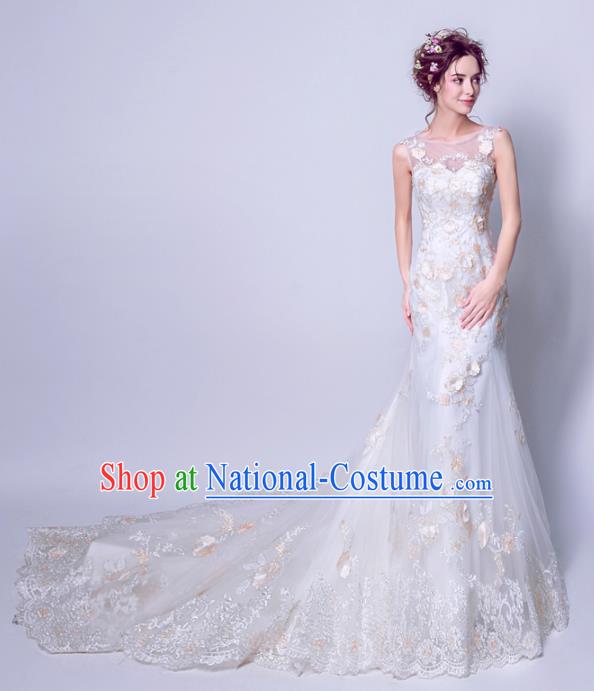 Handmade Bride Lace Trailing Wedding Dress Princess Costume Fancy Wedding Gown for Women