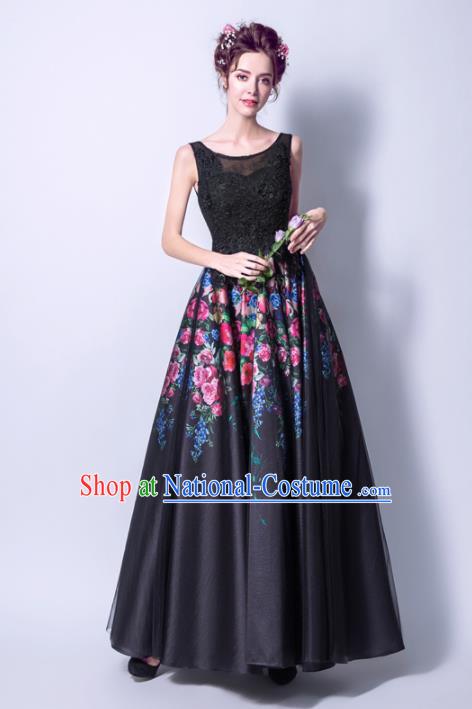 Top Grade Handmade Printing Roses Black Formal Dress Compere Costume Catwalks Angel Evening Dress for Women