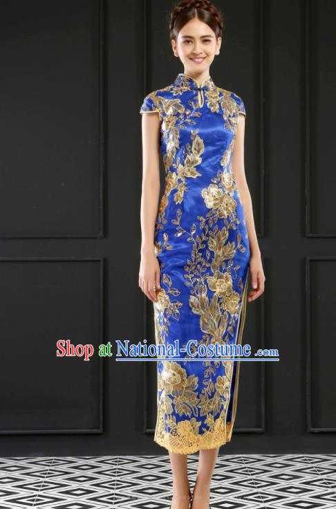 Chinese Traditional Embroidered Blue Cheongsam Wedding Bride Compere Chorus Full Dress for Women